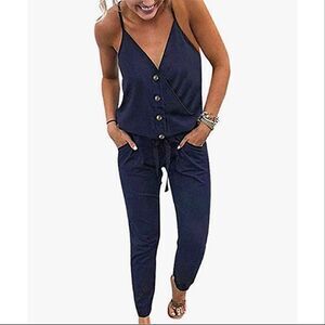 Qeesmei V-neck Jersey Knit Jumpsuit Blue Small Sleeveless Overalls Jogger